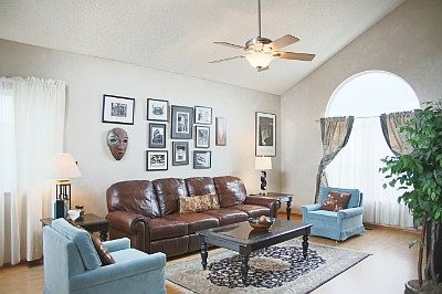 Bright room with fireplace.