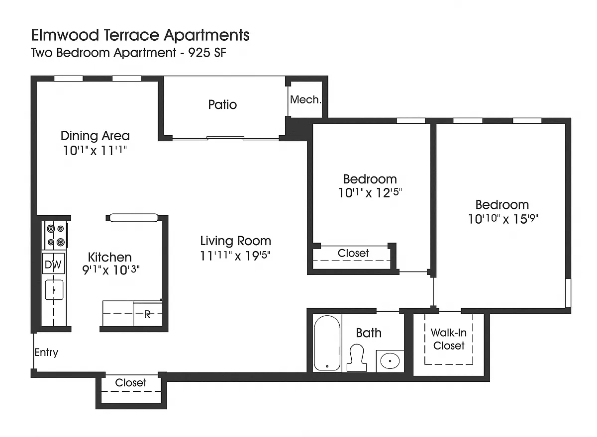 Floor plan 2BR 1BA (925sf)