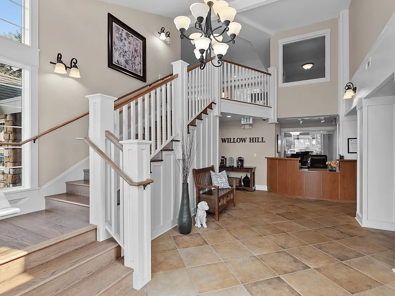 Welcoming clubhouse lobby with elegant design and resident seating.