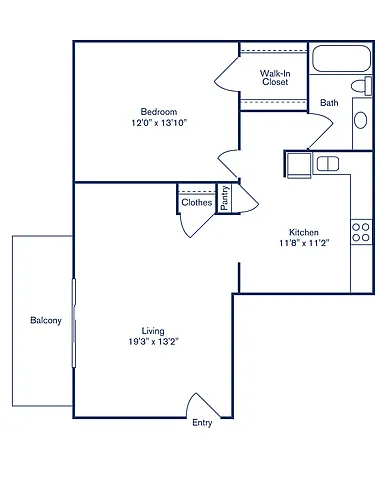 Floor plan Phase I, B, 1 Bedroom, 1 Bath