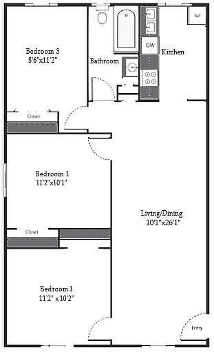 Floor plan Highland Five 3 Bedroom 1 Bath