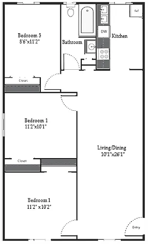 Floor plan Highland Five 3 Bedroom 1 Bath