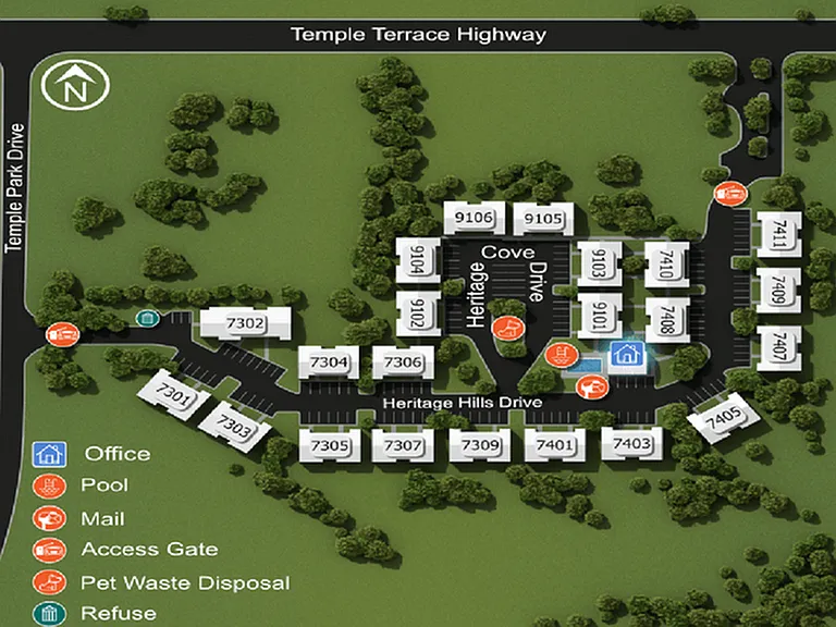 Scenic community layout highlighting buildings and amenities surrounded by lush greenery, featuring easy access to office, pool, mail, and pet-friendly areas.