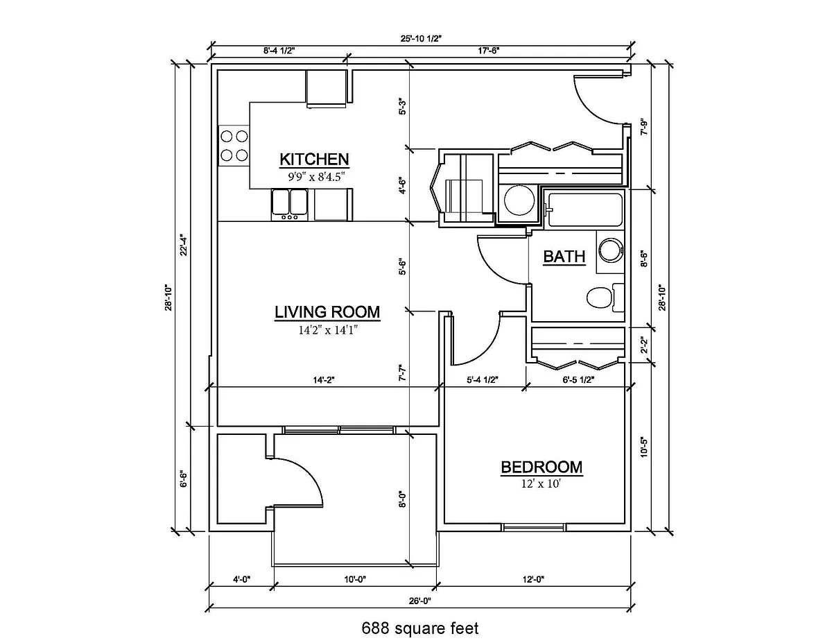 Floor plan 1 bedroom 688 sf