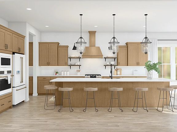Kitchen with pendant lights and matte black hardware