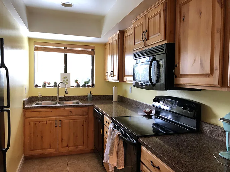 Kitchen has granite counters, electric oven, dishwasher and fridge