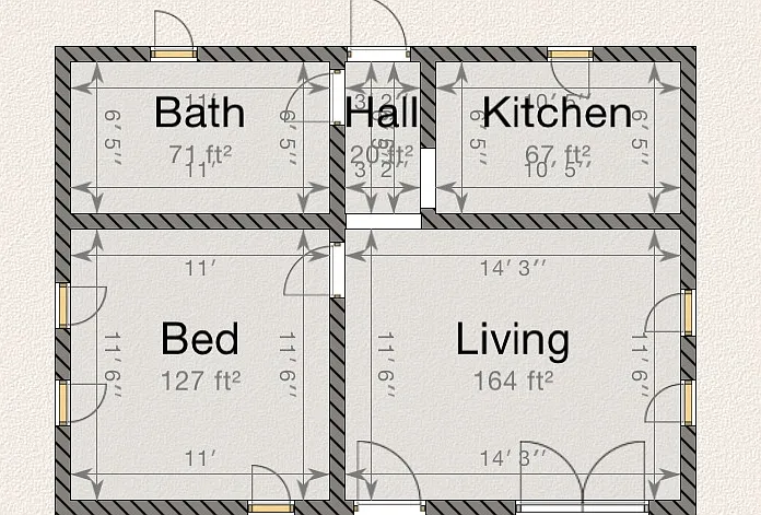 Entry way and front door are located in the living room (shown in lower right). Backdoor at the back of the hall.