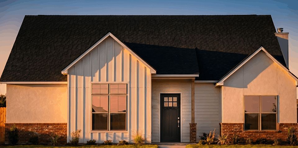 A modern single-story house with a dark roof, white and brick exterior, large front windows, and a b
