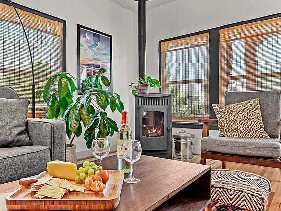 Living room with pellet stove.