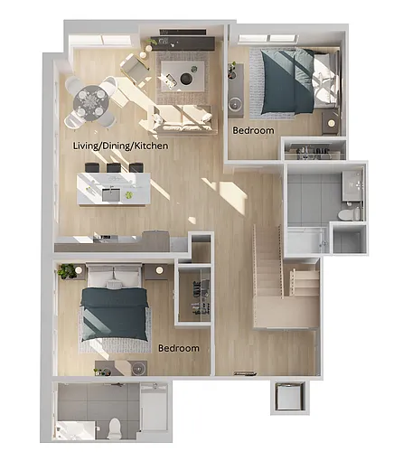 Floor plan Two Bedroom + Mezzanine + Balc