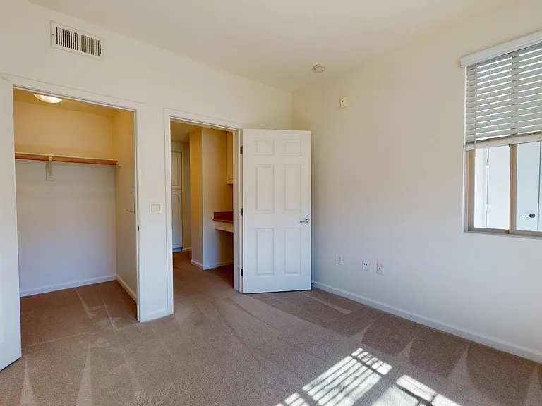 Spacious apartment bedroom with large closet and plush carpet flooring.