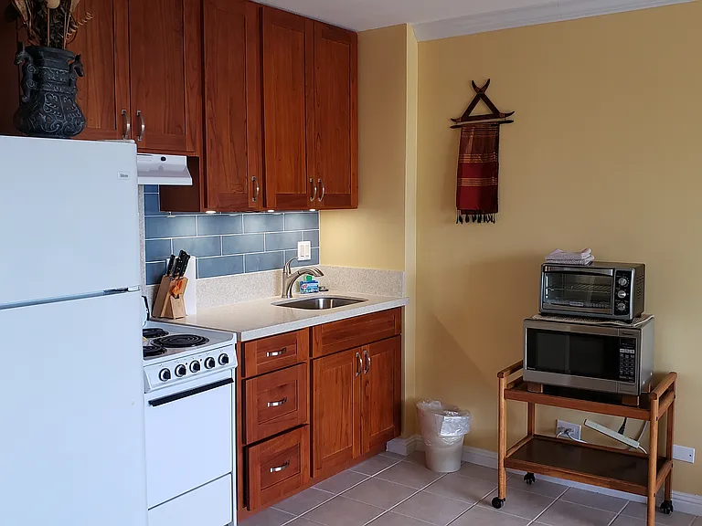 Remodeled Cherry wood cabinet kitchen with popcorn Quartz countertops