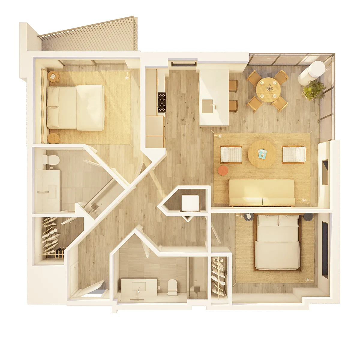 Floor plan West 2 BR Corner Balcony Bay