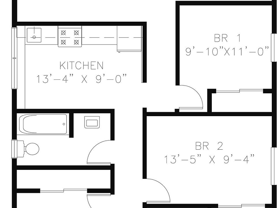 1200 sf apartment with large living room, kitchen, and 4 BR 