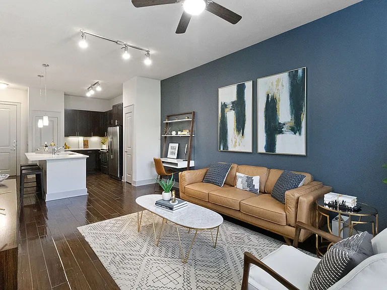 10' ceilings with ceiling fans and two inch stylized wood blinds