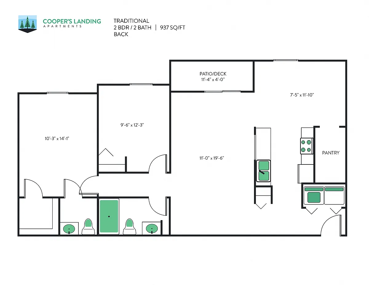 Floor plan 2 Bed, 1.5 Bath - 937 sq ft
