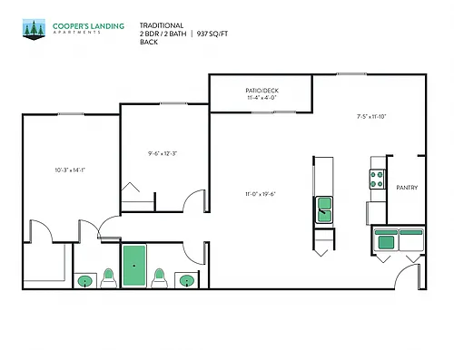 Floor plan 2 Bed, 1.5 Bath - 937 sq ft