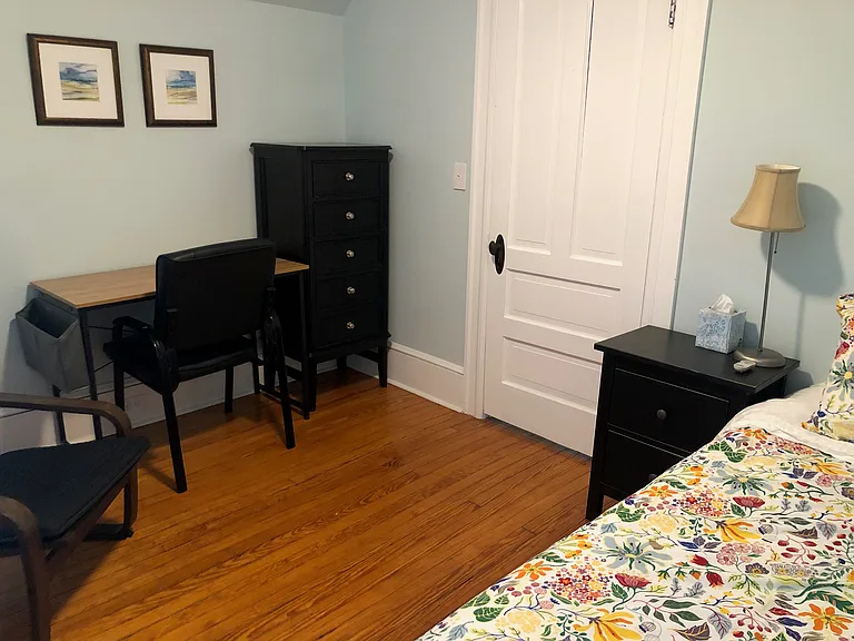 South-facing front bedroom has twin size bed, bedside table, small dresser, chair, ceiling fan & closet. This bedroom also has dedicated work space with desk and chair.
