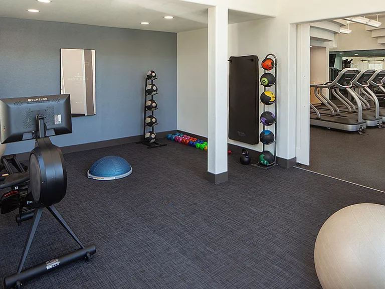 Fitness center features s a separate yoga room with Echelon Fitness Mirror and rowing machine
