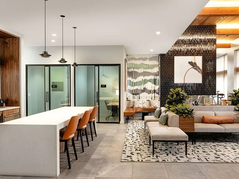 Lounge with entertaining kitchenette and work pods