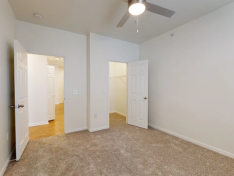 Spacious apartment bedroom with large closet and plush carpet flooring.
