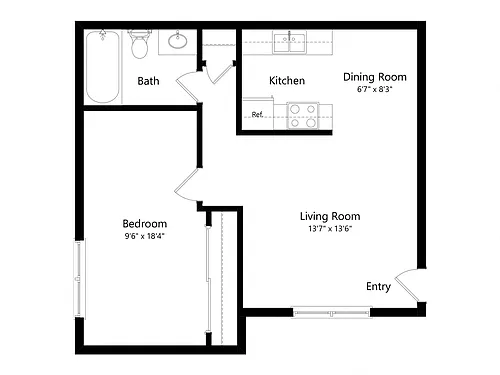 Floor plan 1 Bedroom 1 Bath 702 SQ. FT.