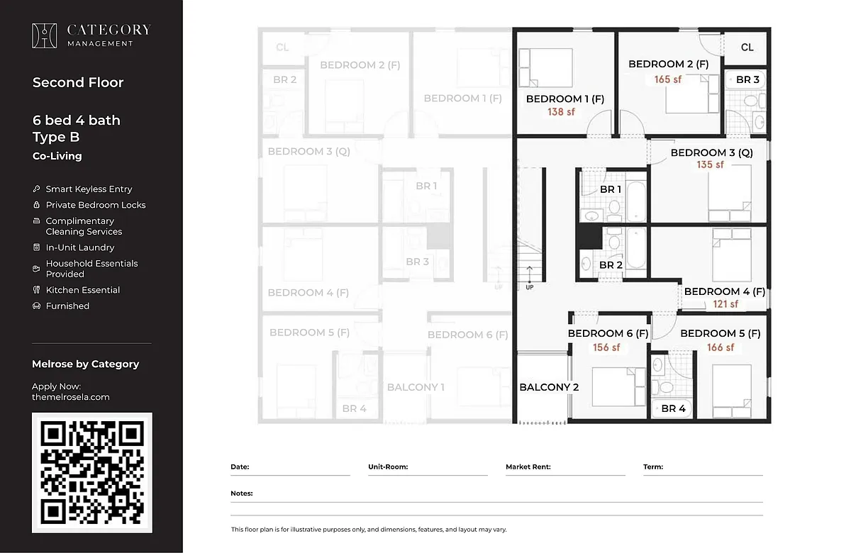 Floor plan Private Bedroom in 6 Bed 4 Bath - B