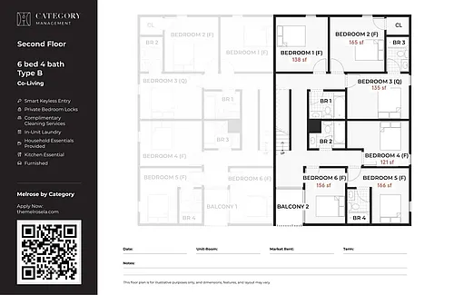 Floor plan Private Bedroom in 6 Bed 4 Bath - B