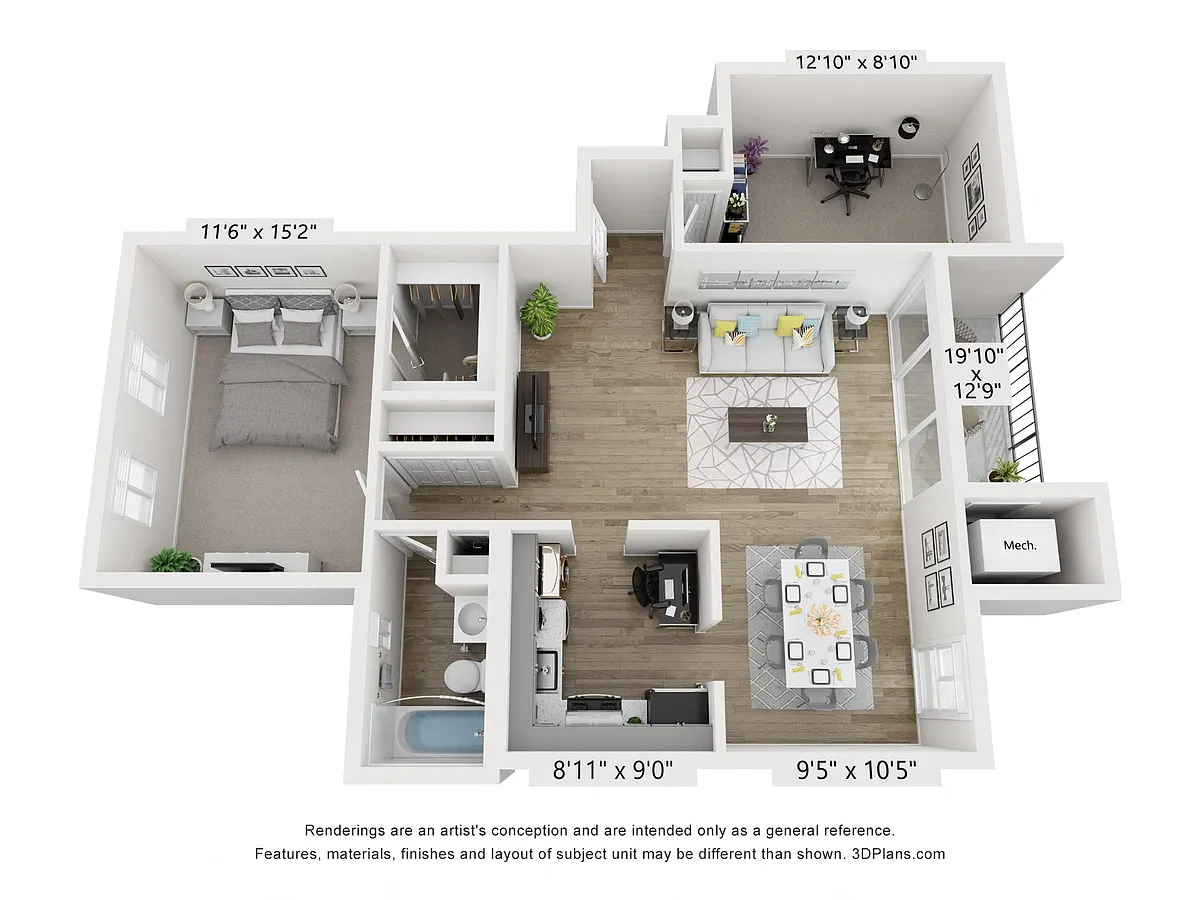 Floor plan Q - 1BR 1BA with Den (900sf)