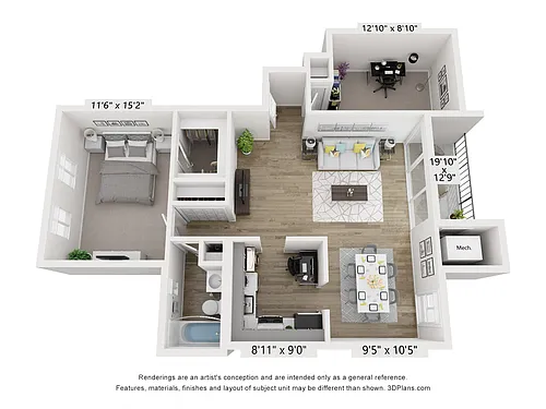 Floor plan Q - 1BR 1BA with Den (900sf)