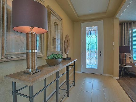 Bright foyer shown with an accented tray ceiling and a decorative glass front door to brighten the e