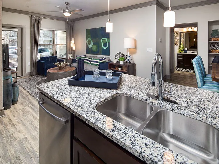 Kitchen, living, and dining areas with hard-surface flooring