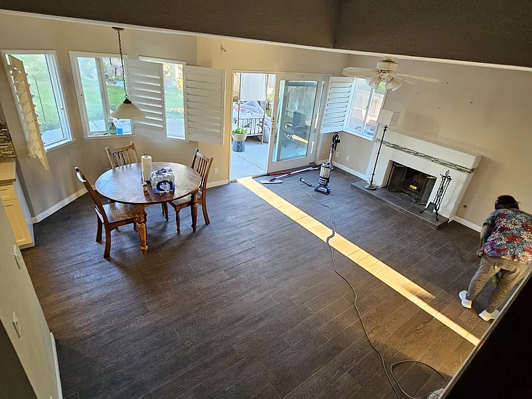 View from Stair down into Nook, Family room, it was being cleaned
