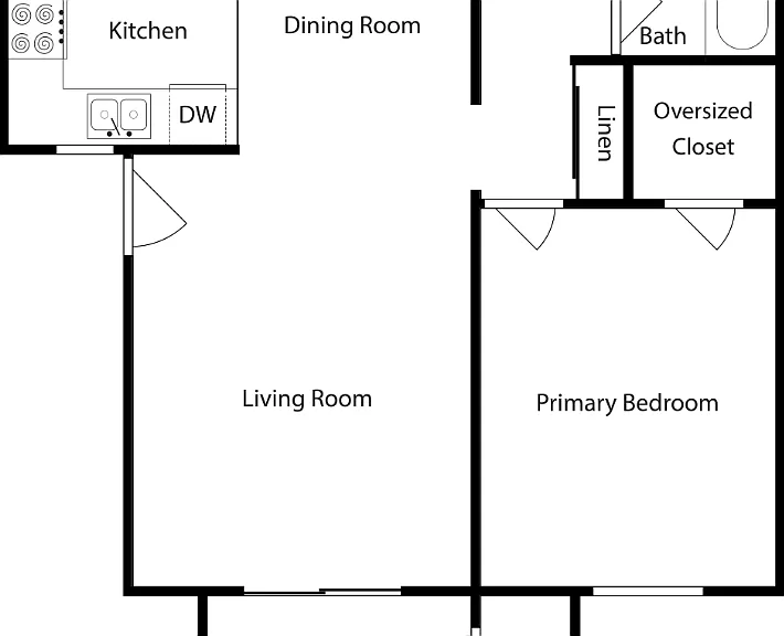 One-Bedroom, One-Bathroom (B) Floorplan Diagram