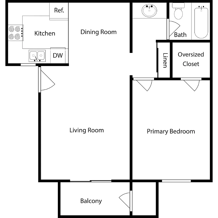 Floor plan One-Bedroom, One-Bathroom (B)