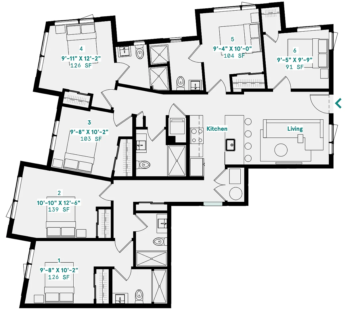 Floor plan Shared Bath - 3 Person Suite