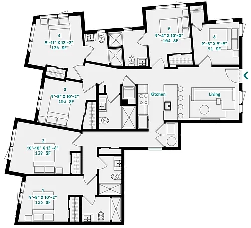 Floor plan Shared Bath - 6 Person Suite