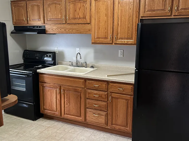 KITCHEN WITH BLACK ACCESSORIES; STOVE AND REGRIGERATOR - New stainless steel sink and new plank wood flooring.