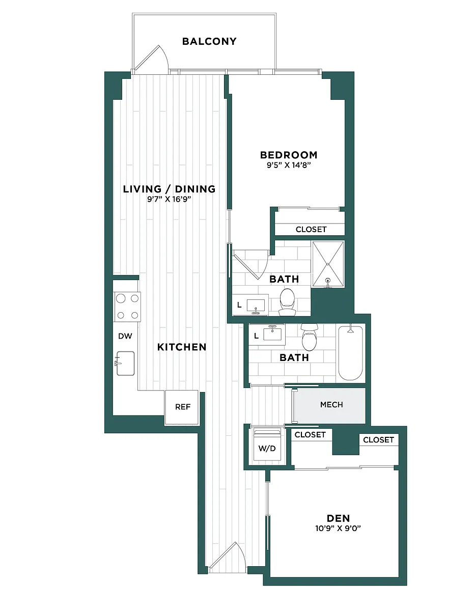 Floor plan 1 Bed/ 2 Bath Den-F2