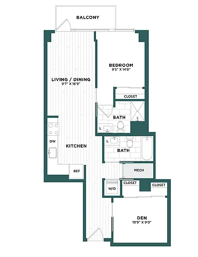 Floor plan 1 Bed/ 2 Bath Den-F2