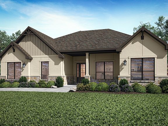 Elevation rendering of the Fairview plan with tan stucco and stone accents.