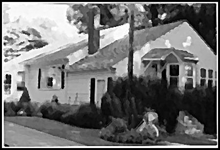 Water painting of Koontz Lake cottage. Fenced yard. Mature trees.