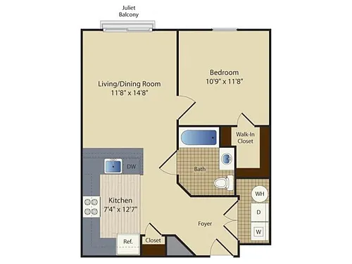 Floor plan One Bedroom One Bath (624 SF)