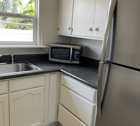 Stainless steel refrigerator and microwave. No dishwasher