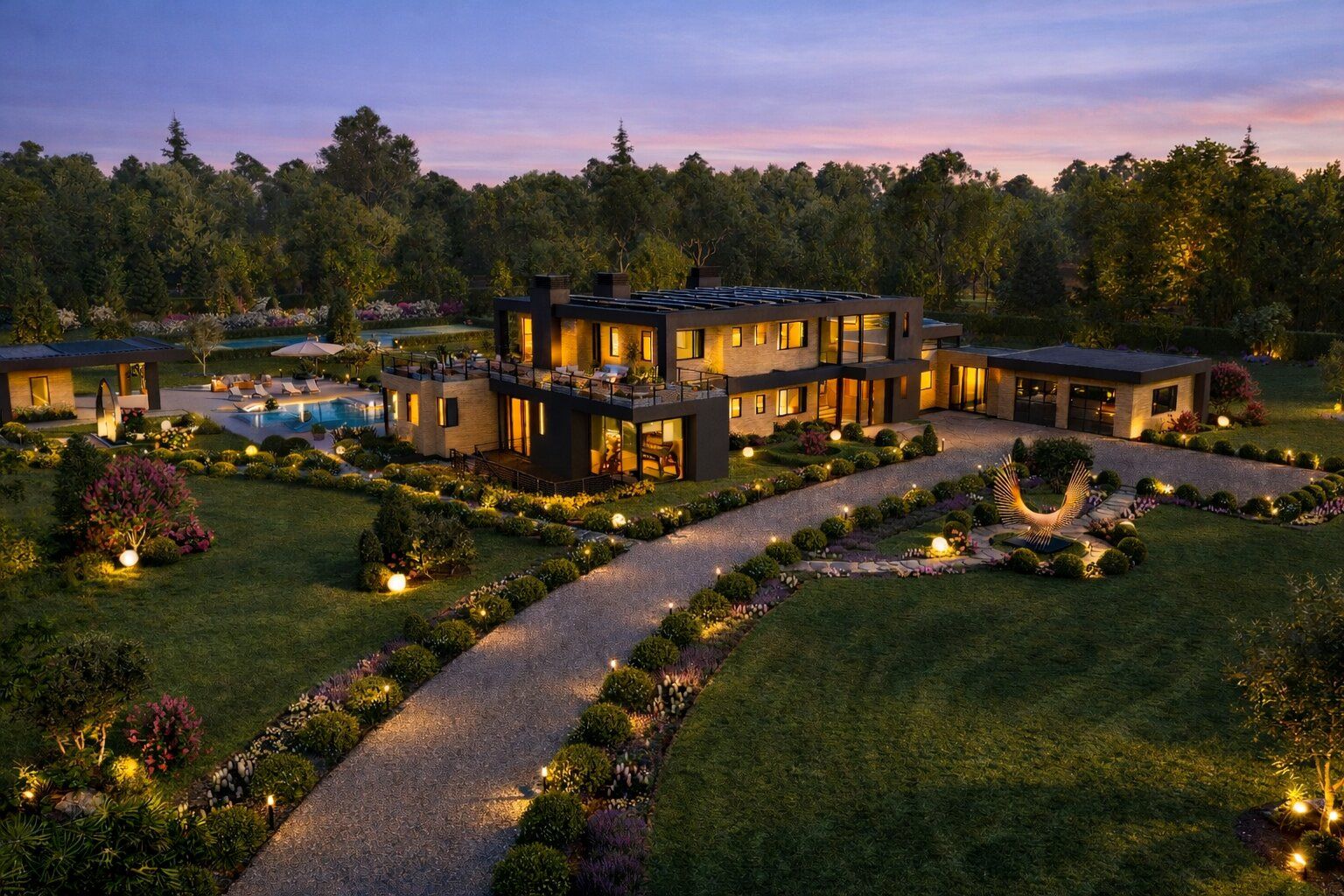 At dusk, the residence glows softly within its expansive grounds,