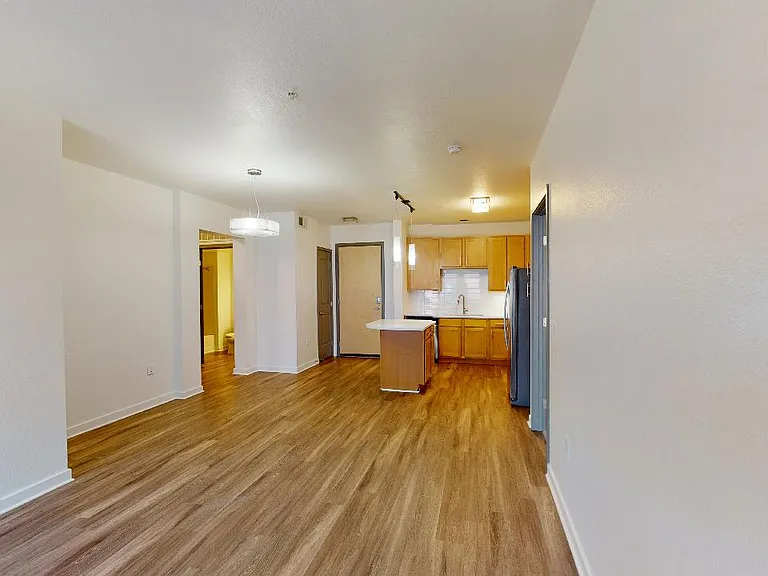 Apartment kitchen with stainless steel appliances, dining and living room with wood-style flooring.