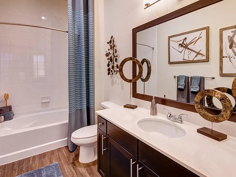 Enjoy a garden-style tub and modern vanity in your new home