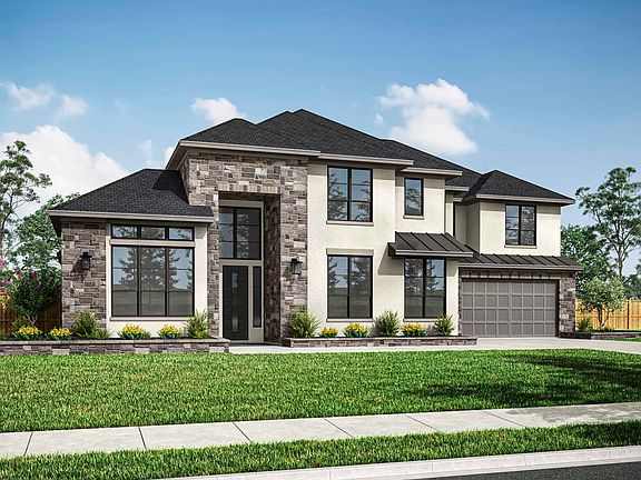 A two-story stone and stucco house with a gabled roof, surrounded by a well-manicured lawn and trees