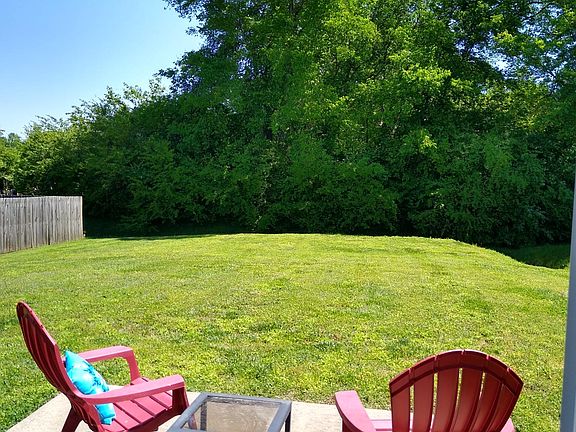 Large back yard, farmland beyond trees, fences on left and right between neighbors for privacy, weekly lawncare provided mid-March through mid-Oct, beautiful sunrisesbirds