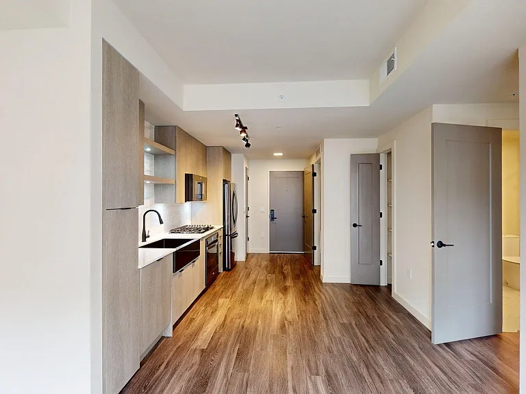 Apartment kitchen with stainless steel appliances, dining and living room with wood-style flooring.